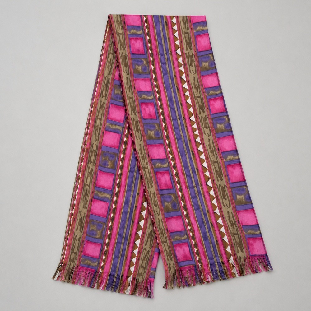 Studio York Silk Scarf OS Pink Purple Geometric Fringed Abstract Rectangle